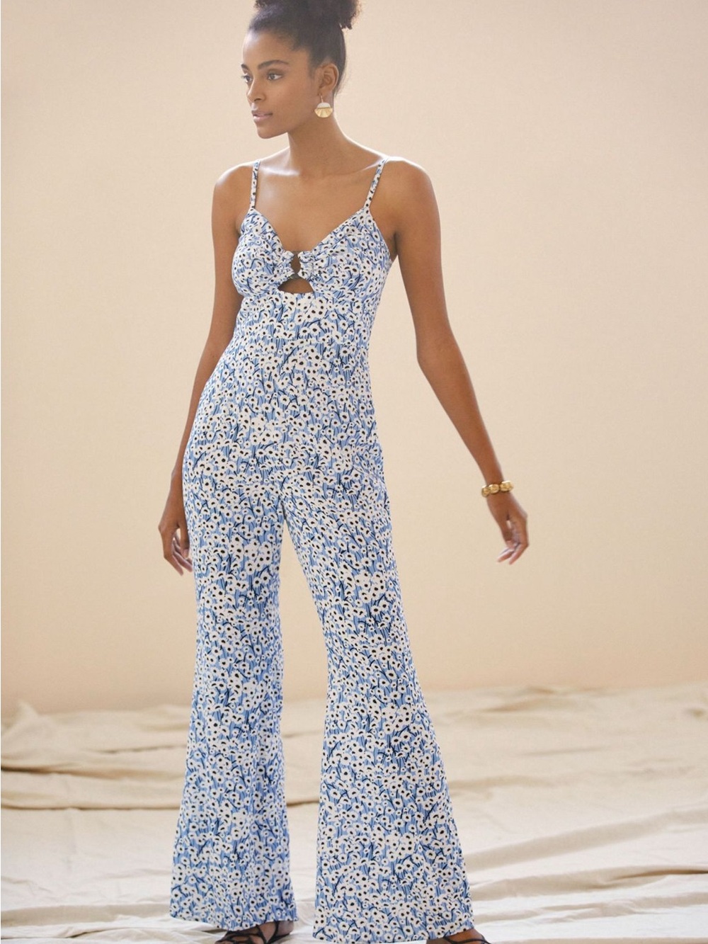 Anthropologie Blue Floral Cutout Wide-Leg Romper Jumpsuit